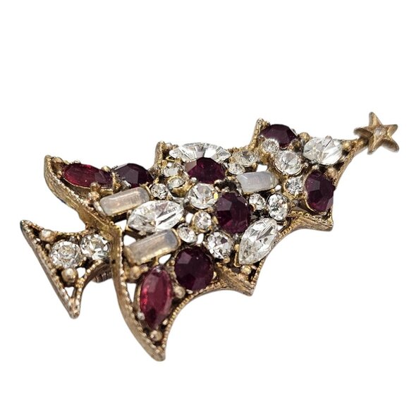Regency Gold Tone Red Clear Rhinestone Christmas Tree Brooch Signed, J5 - Picture 6 of 11